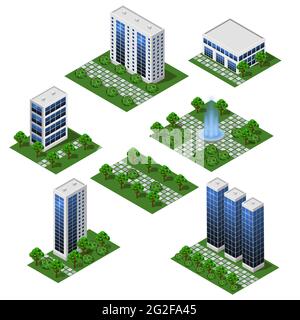 Bâtiments modernes de la ville. Ensemble isométrique de modules isolés de style plat. Grandes maisons et immeubles de bureaux, rue et parc extérieur. Pour les villes urbaines Illustration de Vecteur