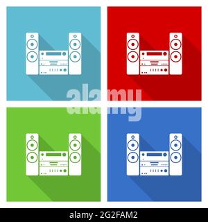 Musique, jeu d'icônes d'équipement stéréo, illustration vectorielle plate dans eps 10 pour le webdesign et les applications mobiles en quatre couleurs Illustration de Vecteur