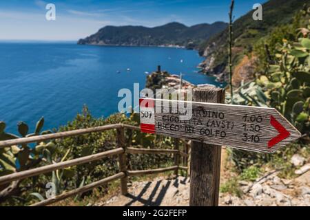 Panneau de randonnée sur le sentier de corniglia à vernazza, mer et vernazza en arrière-plan Banque D'Images