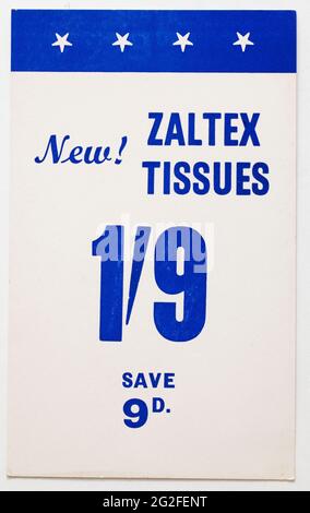 Vinatge années 1960 Boutique Publicité carte d'affichage des prix - papier toilette Zaltex Banque D'Images