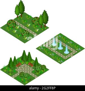 Ensemble isométrique de jardin pour créer une scène de paysage de jardin pour le fond de jeu ou de dessin animé. Fontaine, fleurs, arbustes et arbres, promenades pavées. Isolé Illustration de Vecteur