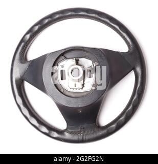 Volant en cuir multifonction - volant en cuir multifonction isolé, isolé sur fond blanc, Images connexes : direction Banque D'Images