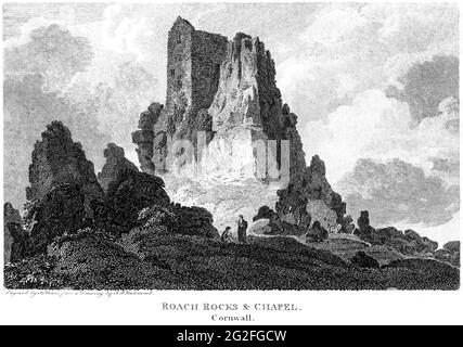 Gravure de Roach Rocks & Chapel (Roche Rock & Hermitage), Cornouailles scanné en haute résolution à partir d'un livre imprimé en 1812. Je pensais libre de droits d'auteur. Banque D'Images