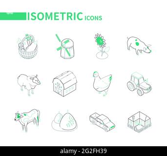 Agriculture et agriculture - icônes isométriques modernes sur fond blanc. Collection animaux de ferme, bâtiments de banlieue. Récolte, moulin à vent, tournesol, porc, Illustration de Vecteur