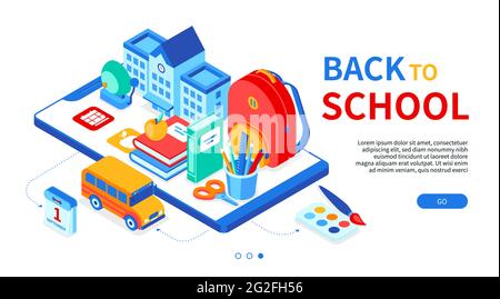 Retour à l'école - bandeau web moderne et coloré isométrique avec espace de copie pour le texte. Éducation en ligne, idée d'e-learning. Illustration avec un sac, des livres, un bui Illustration de Vecteur