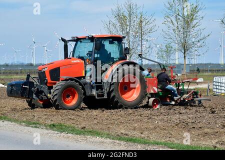 Podersdorf, Autriche - 04 mai 2021: Des helpers inconnus sur un tracteur plantant mécaniquement des vignes Banque D'Images