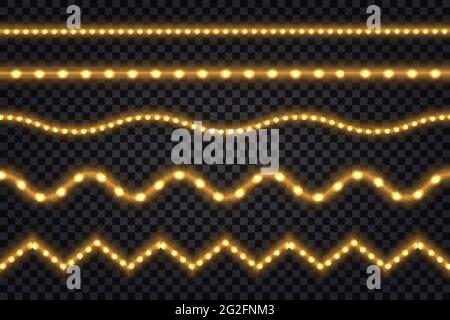 Lignes LED dorées réalistes avec effet de lumière néon. Bandes et ondes lumineuses, jeu de bandes isolées sur fond transparent. Illustration vectorielle Illustration de Vecteur