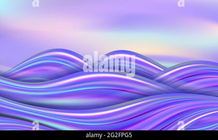 Paysage décoratif avec vagues de l'arc-en-ciel et ciel de coucher de soleil. Fantaisie stylisée, violet et bleu holographique couleur effet de flux. Arrière-plan abstrait, vecteur i Illustration de Vecteur