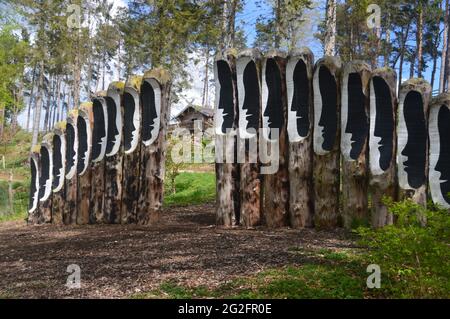 Visages parlants sur la sculpture « Logs of Dialog » au parc de sculptures et jardins de l'Himalaya, Grewelthorpe, Ripon, North Yorkshire, Angleterre, ROYAUME-UNI. Banque D'Images