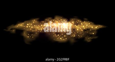 Nuage d'or abstrait avec effet brillant. Fumée dorée avec particules brillantes légères, poussière d'étoiles et flash sur fond noir. Illustration vectorielle Illustration de Vecteur
