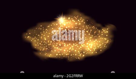 Nuage d'or abstrait avec effet brillant. Fumée dorée avec particules brillantes légères, poussière d'étoiles et flash sur fond noir. Illustration vectorielle Illustration de Vecteur