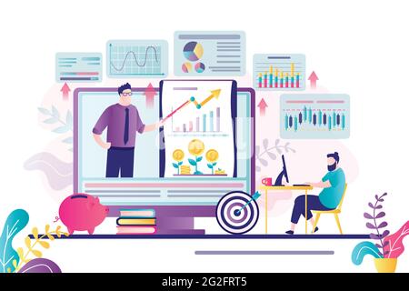 Personnage de sexe masculin prenant un cours d'affaires en ligne. Homme d'affaires sur des cours de recyclage. Entraîneur professionnel sur écran d'ordinateur. Améliorer la littératie financière. Co Illustration de Vecteur