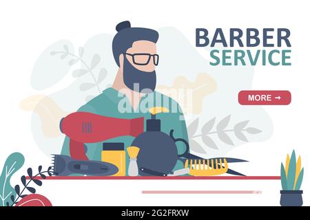 Portrait beau homme. Outils pour le soin de la barbe et de la moustache. Accessoires de coiffage. Concept de coiffure et de service de coiffure. Traitement des cheveux. La Illustration de Vecteur