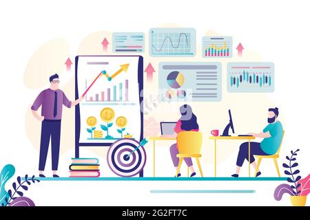 Les gens d'affaires sur les cours pour les commerçants ou les financiers. Formation en ligne pour les employés de bureau. Améliorer la littératie financière. Technologie de l'apprentissage Illustration de Vecteur