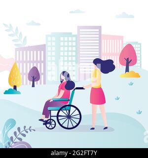 La fille marche avec une mère handicapée. Personnage féminin assis en fauteuil roulant. Aide de fille à la femme cute avec le handicap. Concept de soutien, assistance a Illustration de Vecteur