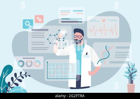 Le scientifique mène des recherches pharmaceutiques. Pharmacien développant un nouveau médicament. Divers graphiques et statistiques avant médecin. Concept de pharmaceutique, moi Illustration de Vecteur