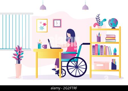 Femme handicapée étudiant sur le lieu de travail. Une femme est assise en fauteuil roulant. Personnes handicapées. Concept d'adaptation sociale et de homeschooling. Chambre Illustration de Vecteur