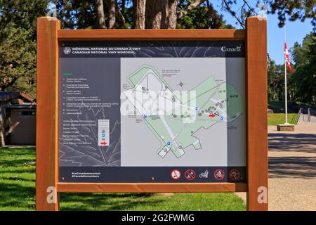 Carte détaillée du Mémorial national du Canada à Vimy et du Parc du champ de bataille de Givenchy-en-Gohelle (pas-de-Calais), France Banque D'Images