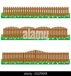 Ensemble de clôtures en bois de ferme isolées sur fond blanc avec de l'herbe et des fleurs.s'adapte comme éléments de scène pour le dessin animé ou le jeu actif. Illustration vectorielle. Illustration de Vecteur