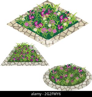 Ensemble de fleurs pour créer une scène de jardin. Chamomiles et autres fleurs dans l'herbe composée en parterre à fleurs avec bordure en pierre. Illustration vectorielle, isolée sur Illustration de Vecteur