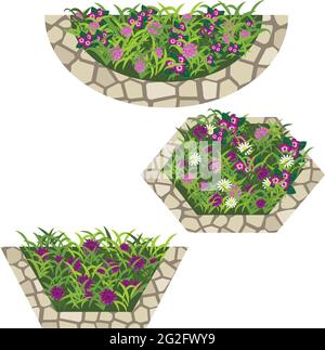 Ensemble de fleurs pour créer une scène de jardin. Chamomiles et autres fleurs dans l'herbe composée en parterre à fleurs avec bordure en pierre. Illustration vectorielle, isolée sur Illustration de Vecteur