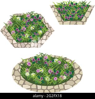 Ensemble de fleurs pour créer une scène de jardin. Chamomiles et autres fleurs dans l'herbe composée en parterre à fleurs avec bordure en pierre. Illustration vectorielle, isolée sur Illustration de Vecteur