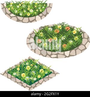 Ensemble de fleurs pour créer une scène de jardin. Chamomiles, fleurs jaune et orange dans l'herbe composée en parterre à fleurs avec bordure en pierre. Illustration vectorielle, is Illustration de Vecteur