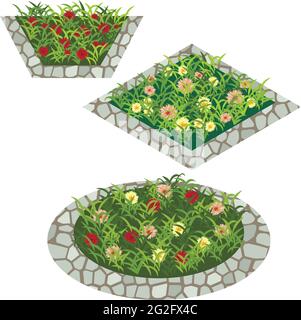 Ensemble de fleurs pour créer une scène de jardin. Chamomiles, fleurs rouges et jaunes dans l'herbe composée en parterre à fleurs avec bordure en pierre. Illustration vectorielle, isola Illustration de Vecteur