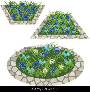 Ensemble de fleurs pour créer une scène de jardin. Chamomiles, fleurs de maïs et autres fleurs en herbe composées en parterre à fleurs avec bordure en pierre. Illustration vectorielle Illustration de Vecteur