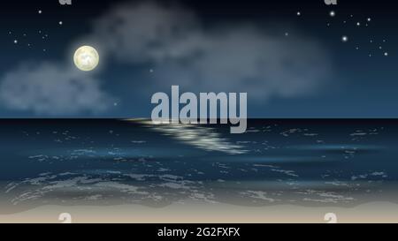 Nighr mer paysage fond. Vagues, pleine lune brillante, étoiles et ludids sur le ciel sombre. Pour les dessins animés ou les scènes de jeu, les modèles d'écran mobile ou les fonds d'écran. V Illustration de Vecteur