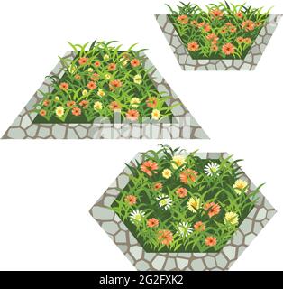 Ensemble de fleurs pour créer une scène de jardin. Chamomiles, fleurs jaune et orange dans l'herbe composée en parterre à fleurs avec bordure en pierre. Illustration vectorielle, is Illustration de Vecteur