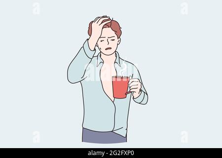 Concept de gueule de bois et de grippe le matin. Sleepy Guy personnage de dessin animé debout avec tasse de thé ayant mal de tête sensation d'insomnie froid et illustration du vecteur de fièvre Illustration de Vecteur