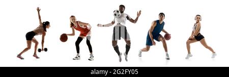 Collage sportif. Basket-ball, fitness, football, hommes et femmes en mouvement Banque D'Images