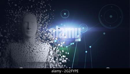 Composition de l'explosion du buste humain formé avec des particules sur le réseau de connexions Banque D'Images