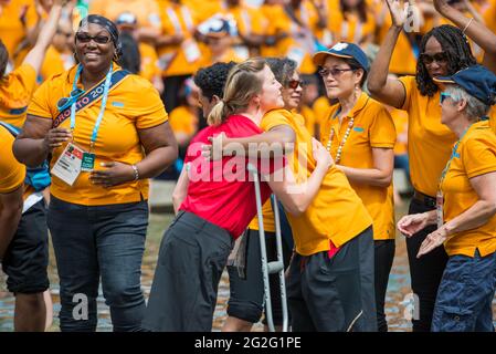 Les bénévoles coulisses pendant la pan/parapanaméricains de Toronto 2015. Le gouvernement reconnaît le travail comme essentielle pour le bon développement des jeux Banque D'Images