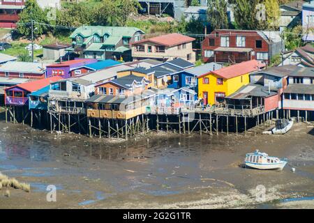 Palafitos (maisons à pilotis) à Castro, île Chiloe, Chili Banque D'Images