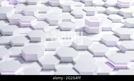 Arrière-plan hexagonal futuriste blanc abstrait avec lumière pourpre, rendu 3D Banque D'Images