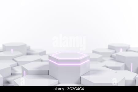 Socle de science-fiction hexagonal blanc futuriste avec néon violet pour présenter les produits, rendu 3d Banque D'Images