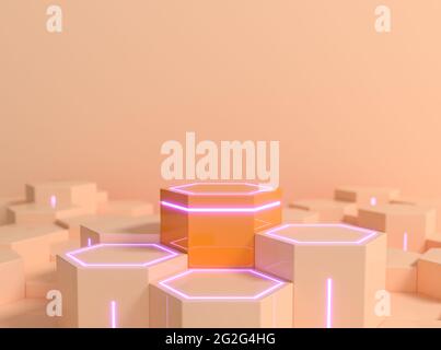 Socle de science-fiction hexagonal futuriste de couleur orange pêche avec néon violet pour la présentation des produits, rendu 3d Banque D'Images