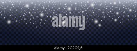 Chute de neige sur fond transparent. Effet pailleté argenté, flocons de neige, particules brillantes et paillettes. Décoration de nuit de Noël, blanc sur ba foncé Illustration de Vecteur