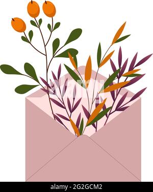 Plantes dans une enveloppe postale. Branches avec feuilles et baies d'orange. Illustration de Vecteur