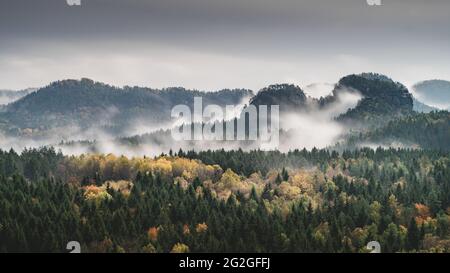 Vue sur la brumeuse Lorenzsteine dans les montagnes de grès de l'Elbe. Banque D'Images