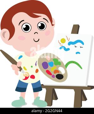 Un adorable personnage enfant de style dessin animé. Enfant de maternelle maternelle de pré-école habillé comme artiste professionnel et artiste-peintre. Peinture pour petits enfants. Illustration de Vecteur