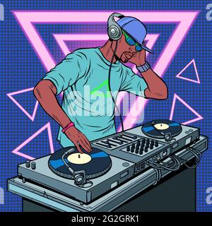 Black man dj sur des platines en vinyle. Concert musique performance néon style rétro Illustration de Vecteur