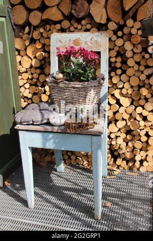 Panier avec fleurs sur une chaise, devant une pile de bois, décoratif, scène rurale, Allemagne, Bavière, Haute-Bavière, Mittenwald, Werdenfelser Land, Banque D'Images