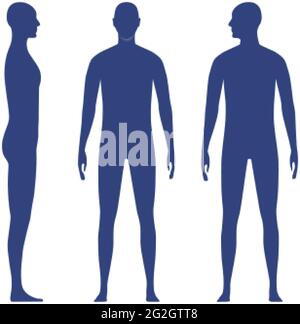Vue avant et latérale du corps humain d'un homme adulte. Ombre d'un homme debout avec une tête tournée vers l'épaule Illustration de Vecteur