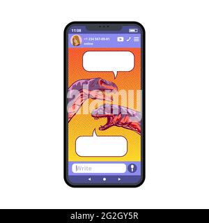 Écran de smartphone avec des dinosaures dessinés en dialogue. Style pop art. Illustration vectorielle. Illustration de Vecteur