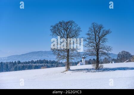 Allemagne, Bavière, haute-Bavière, Pfaffenwinkel, Penzberg, Quartier Sankt Johannisrain, paysage d'hiver avec église Sankt Johannisrain Banque D'Images