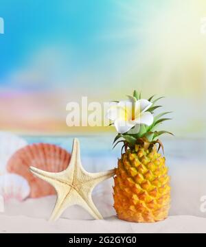 Ananas avec fleur et seashell sur la plage. Concept d'été. Banque D'Images