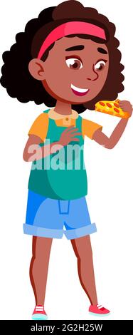 mignon fille africaine manger pizza pièce dans la pizzeria alimentaire café dessin animé vecteur Illustration de Vecteur